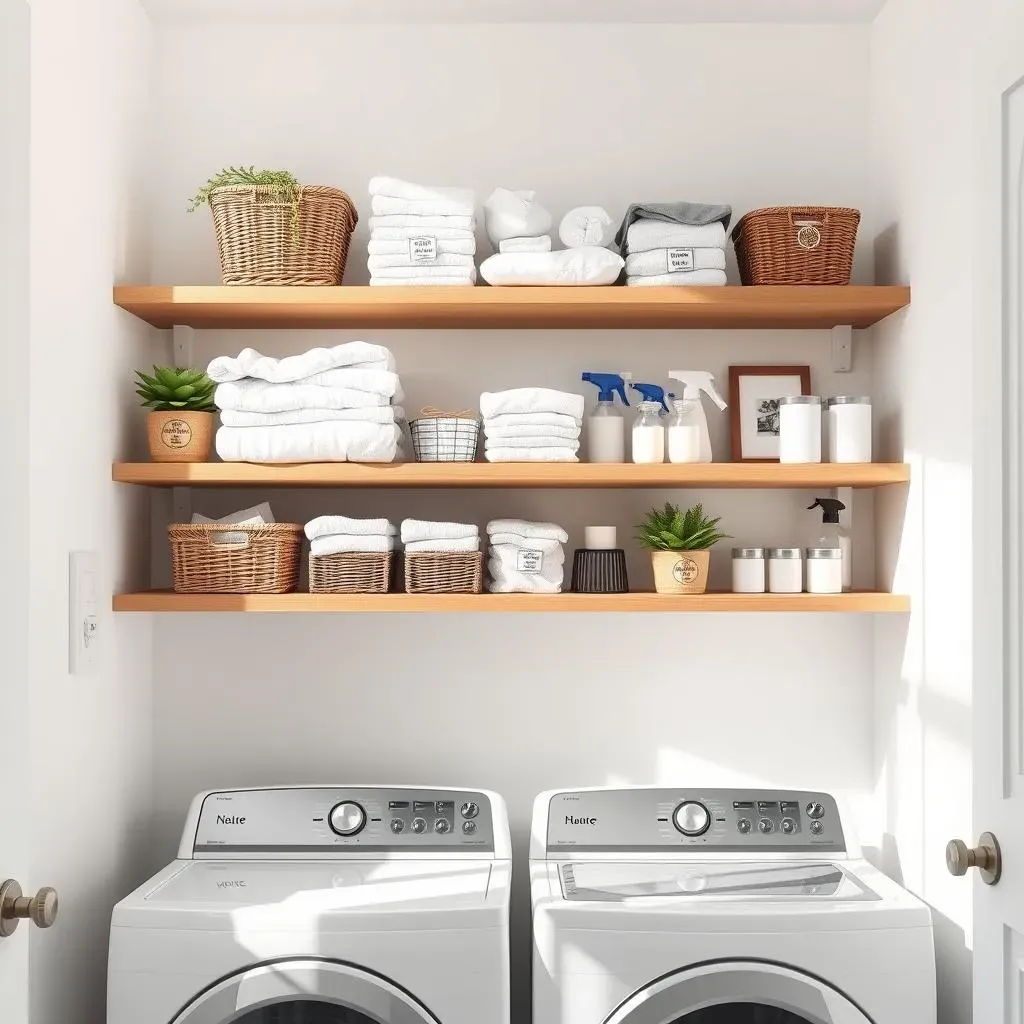 Decorating and Organizing Floating Shelves in Laundry Room