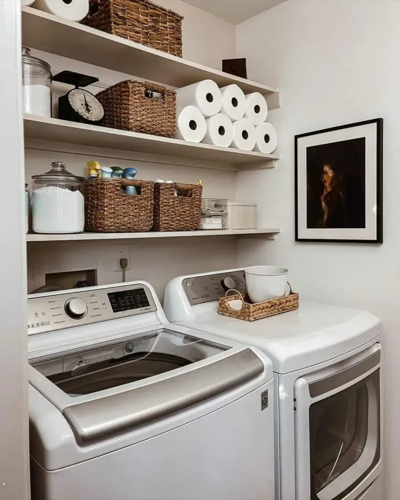 Essential Storage Shelf Small Laundry Room Ideas with Top Loading Washer