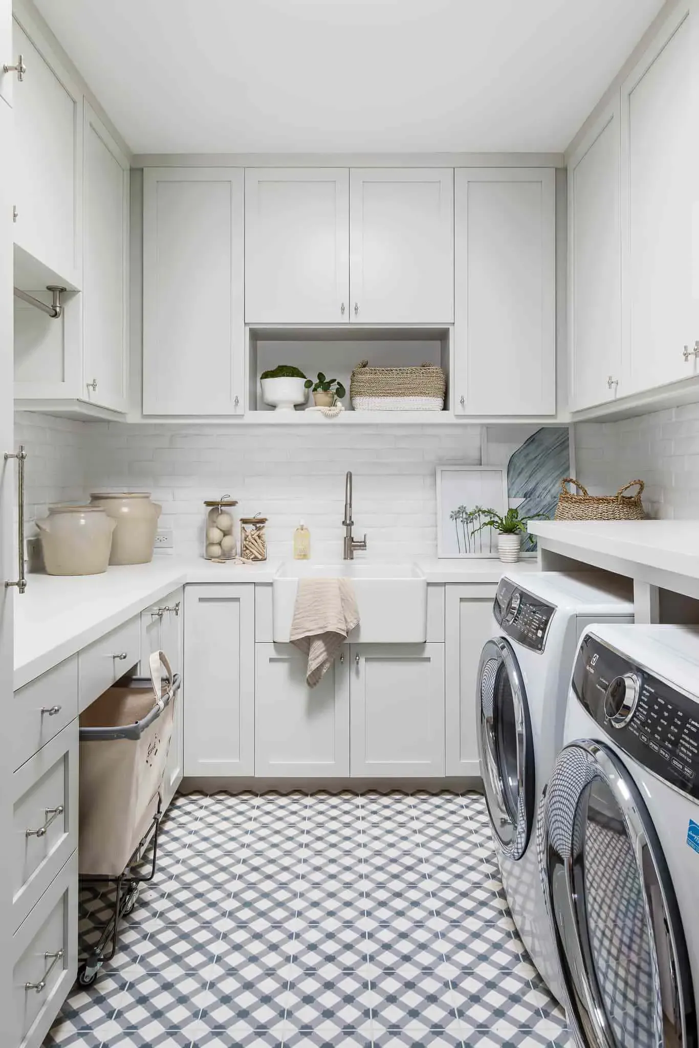Vertical Thinking and Clever Storage for Small White Laundry Room Ideas